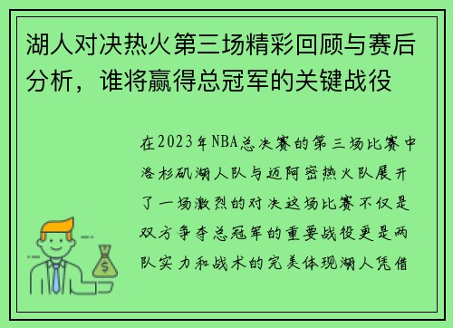 湖人对决热火第三场精彩回顾与赛后分析，谁将赢得总冠军的关键战役